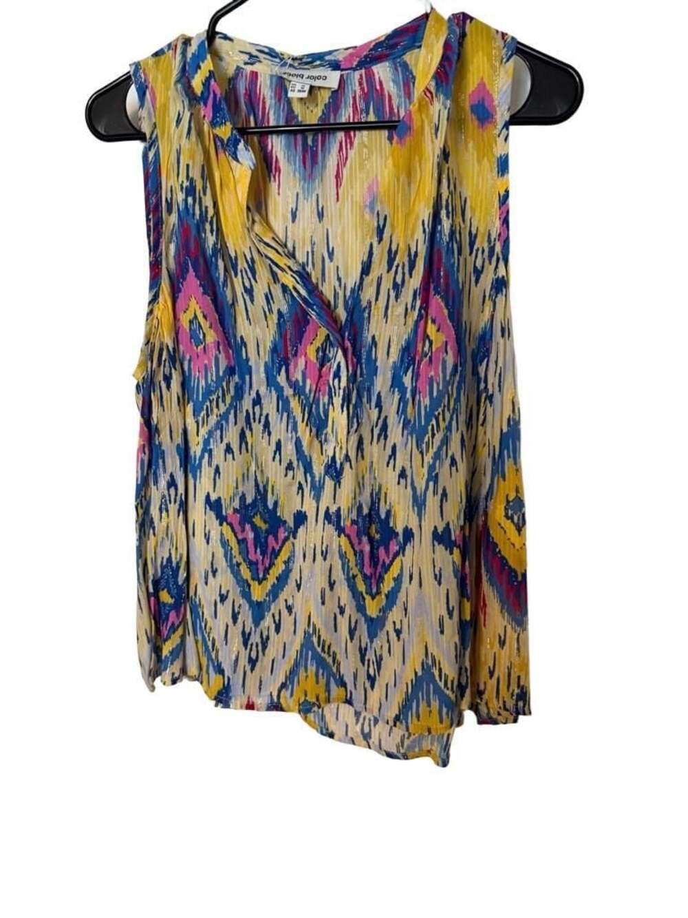 Color Block Sleeveless V-Neck Blouse with Metallic Lurex Ikat Print